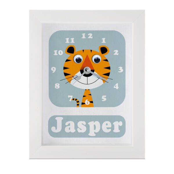 Personalised Children's Clock featuring a Tiger with googly eyes
