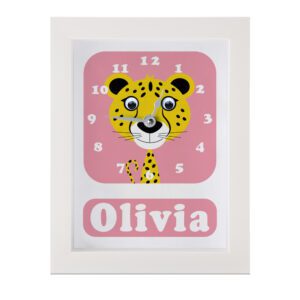 Personalised Children's Clock featuring a Cheetah with googly eyes