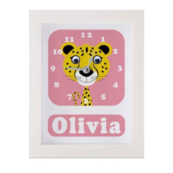 Personalised Children's Clock featuring a Cheetah with googly eyes