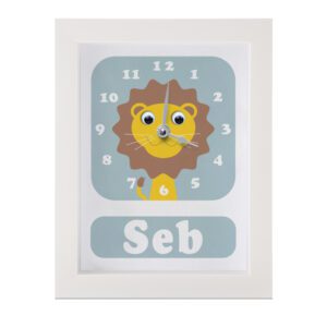 Personalised Children's Clock featuring a Lion with googly eyes.