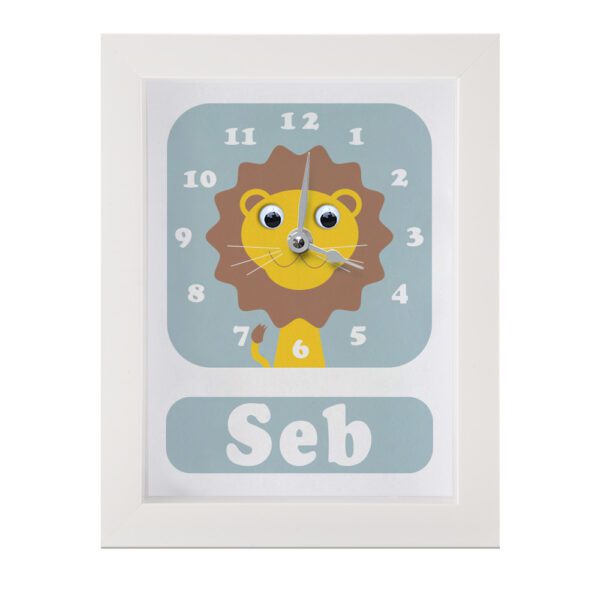 Personalised Children's Lion Clock featuring a Lion with googly eyes on a blue background.