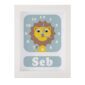 Personalised Children's Lion Clock featuring a Lion with googly eyes on a blue background.