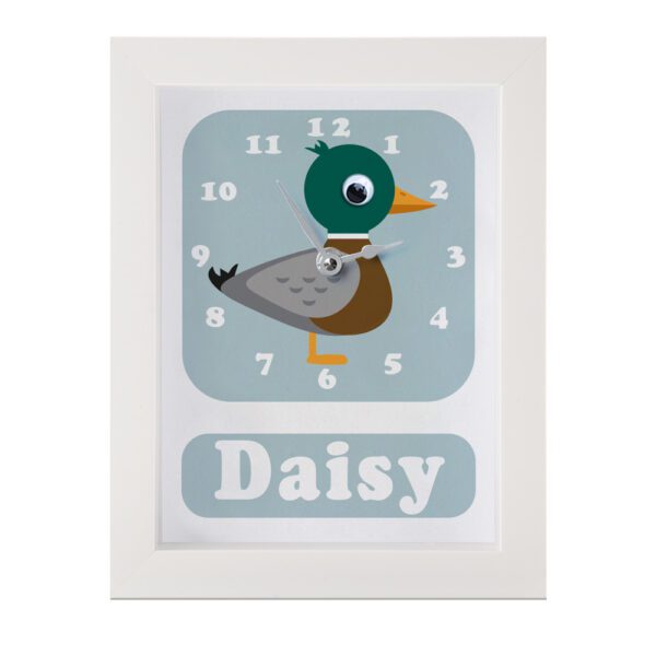 Personalised Children's Clock featuring a duck with googly eyes