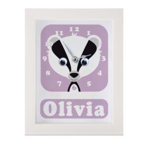 Personalised Children's Clock featuring a Badger with googly eyes
