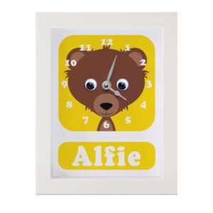 Personalised Children's Clock featuring a bear with googly eyes