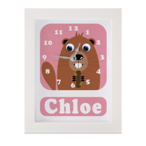 Personalised Children's Clock featuring a Beaver with googly eyes