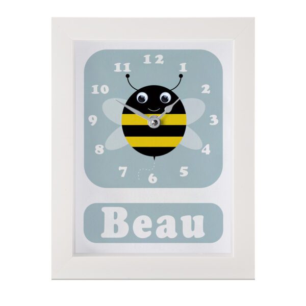 Personalised Children's Bee Clock featuring a bee with googly eyes on a blue background.