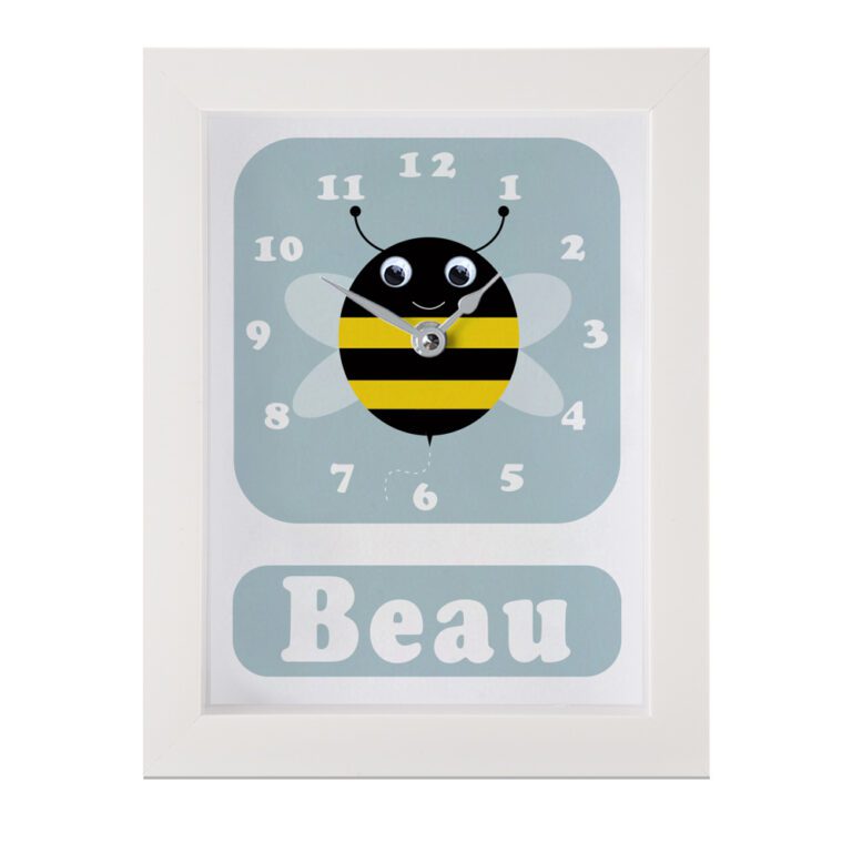 Personalised Children's Bee Clock featuring a bee with googly eyes on a blue background.