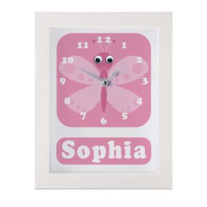 Personalised Children's Clock featuring a butterfly with googly eyes