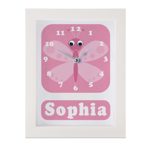Personalised Children's butterfly Clock featuring a butterfly with googly eyes on a pink background