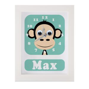 Personalised Children's Clock festuring sa monkey with googly eyes