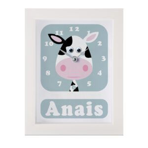 Personalised Children's Clock featuring a cow with googly eyes