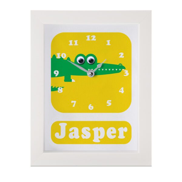 Personalised Children's Clock featuring a crocodile with googly eyes