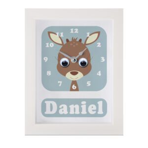 Personalised Children's Clock featuring a Deer with googly eyes