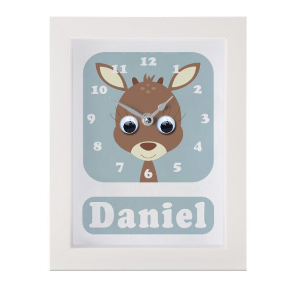 Personalised Children's Deer Clock with googly eyes on a blue background