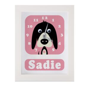 Personalised Children's Clock featuring a dog with googly eyes