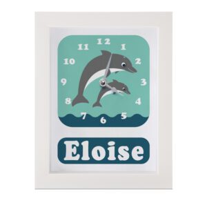 Personalised Children's Clock featuring two Dolphins with googly eyes