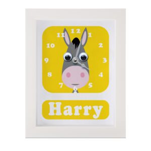 Personalised Children's Clock featuring a Donkey with googly eyes