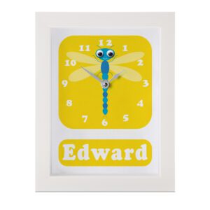 Personalised Children's Clock featuring a Dragonfly with googly eyes