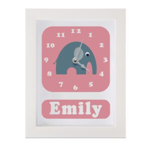 Personalised Children's Clock featuring an elephant with googly eyes