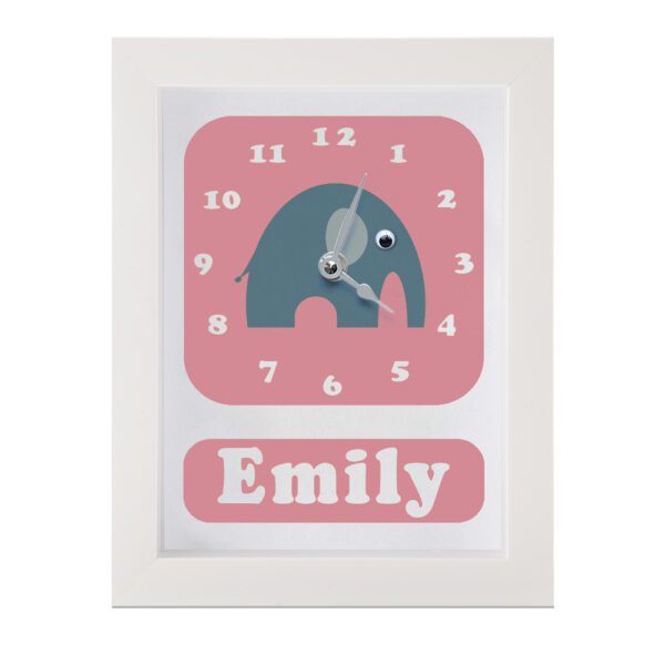 Personalised Children's Clock featuring an elephant with googly eyes