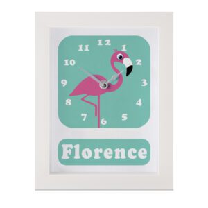 Personalised Children's Clock featuring a Flamingo with googly eyes