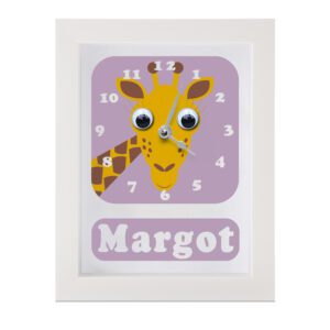Personalised Children's Giraffe Clock on lilac background