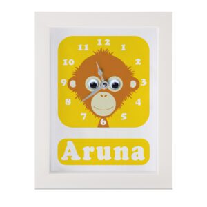 Personalised Children's Clock featuring an Orangutan with googly eyes