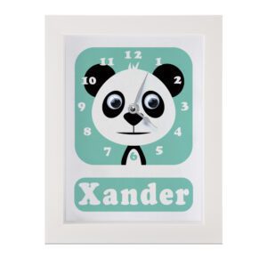Personalised Children's Panda Clock featuring a Panda with googly eyes on a green background