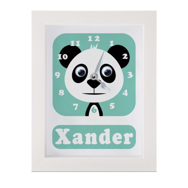 Personalised Children's Panda Clock featuring a Panda with googly eyes on a green background