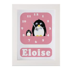 Personalised Children's clock featuring a Penguin with googly eyes