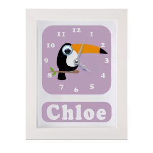 Personalised Children's Clock featuring a Toucan with googly eyes