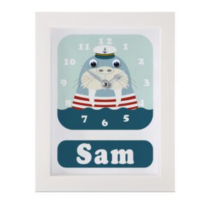 Personalised Children's Clock featuring a Walrus with googly eyes and Sailor hat