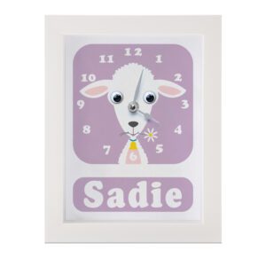 Personalised Children's Clock featuring a Lamb with googly eyes