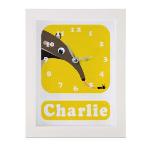 Personalised Children's Clock featuring an Anteater with googly eyes