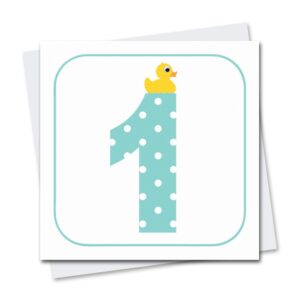 Children's 1st Birthday card featuring a duck with googly eyes