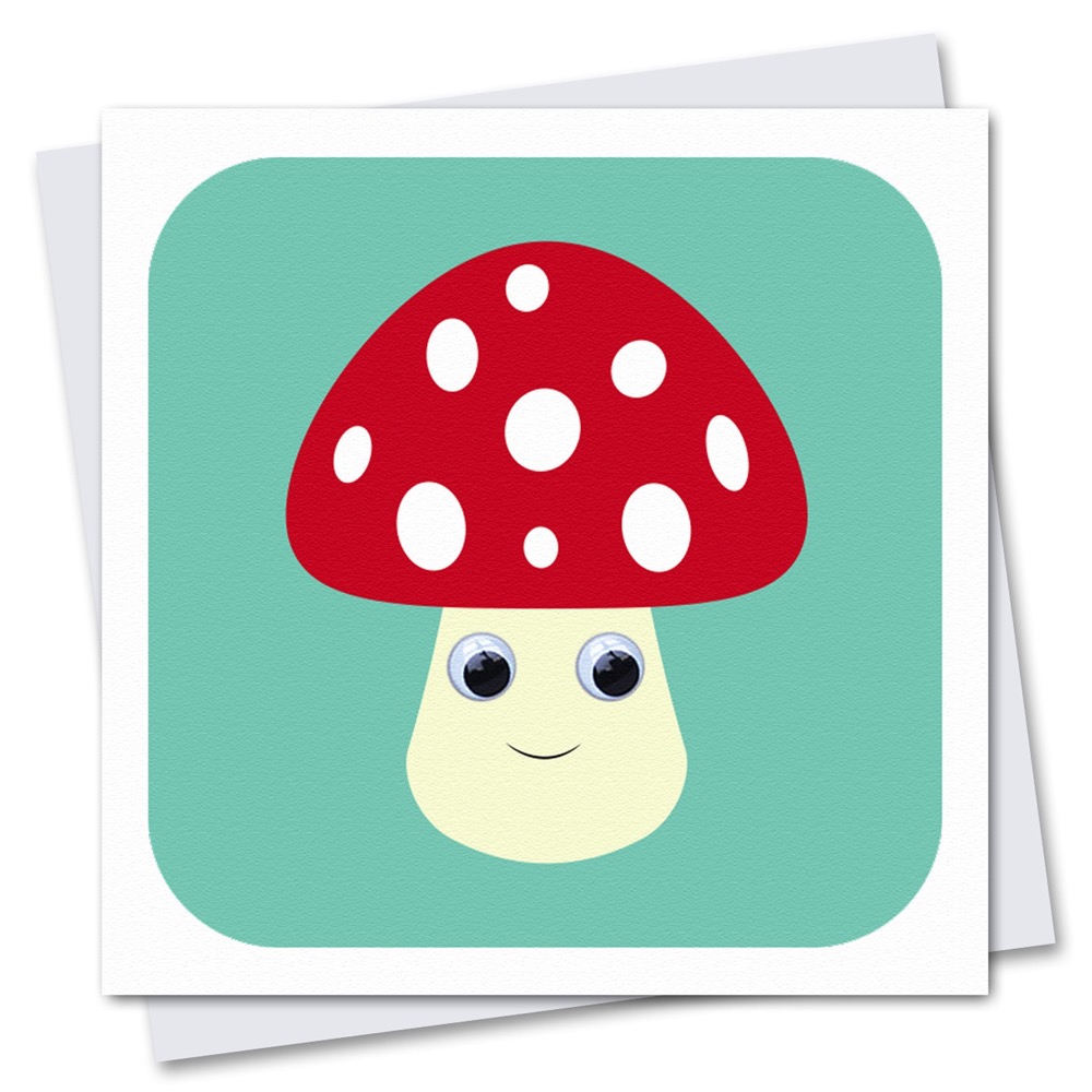Children's red white mushroom Birthday Card with googly eyes