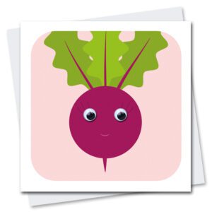 Children's Birthday Card featuring Betty Beetroot with googly eyes
