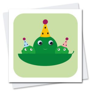 Children's Birthday Card featuring Party Peas with googly eyes