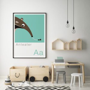 A is for Anteater Children's Art print on the wall of nursery