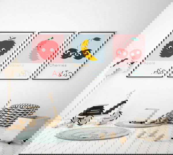 Alphabet Print in Childs nursery, scandi style set of 3 alphabet prints A, b, c, on the wall of a nursery featuring an Apple, Banana and Cherries