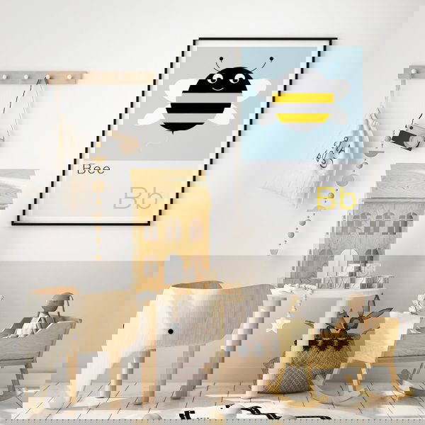 Bee Print for Nursery Alphabet print of a bee framed on the wall of a trendy scandi inspired nursery