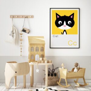 black and white cat art print in nursery