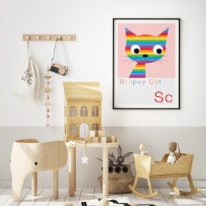 rainbow cat nursery print for kids wall in a scandi inspired bedroom
