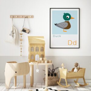 Simple Alphabet Animal Print on wall of cool scandi nursery