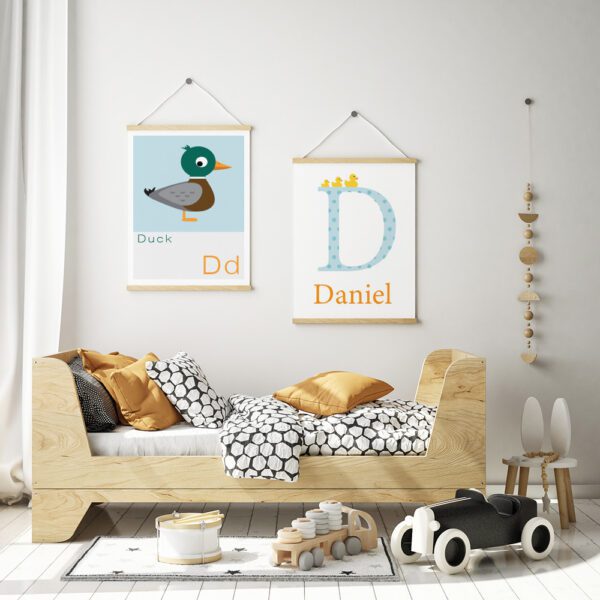 D is for Duck print and a Personalised name print on the wall of nursery