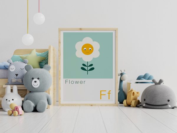 F-is-for-Flower-Child-room-decor-print Cute Animal Alphabet nursery print featuring a Flower