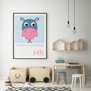 Cute Animal Alphabet nursery print featuring a Hippo