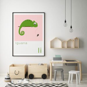 Cute Animal Alphabet nursery print featuring an iguana