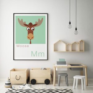 Cute Animal Alphabet nursery print featuring a Moose